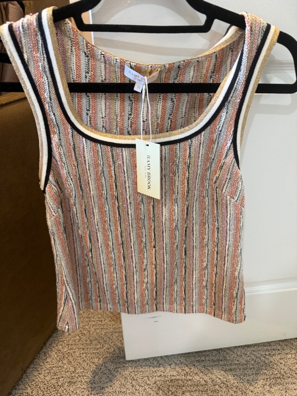 Nwt Ramy Brook Multicolor Striped Knit Tank Top - Pink, Cream, Black a d gold